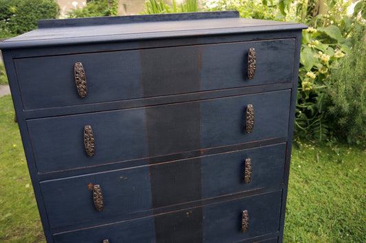Navy and black stripe hand painted chest of drawers by emily rose vintage