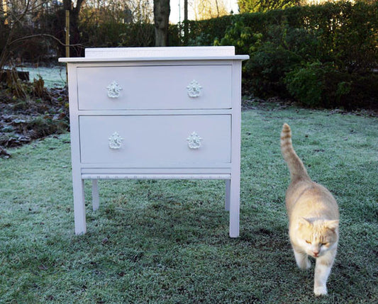 refurbished children's chest of drawers in Ecos Organic Nursery paint powder pink