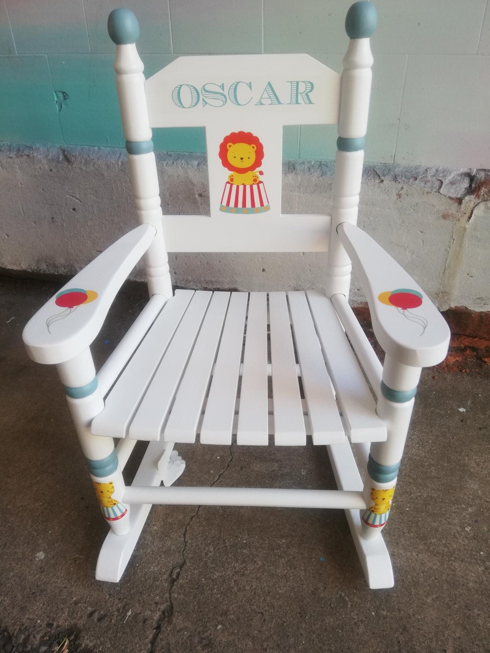 Personalised children's rocking chair with cute circus theme made to order