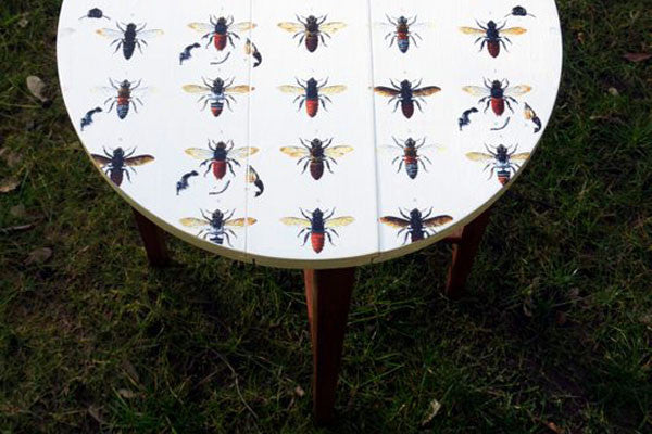  upcycled round side table with vintage bees design by Emily Rose Vintage 