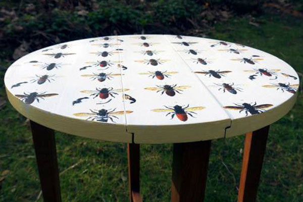  upcycled round side table with vintage bees design by Emily Rose Vintage 