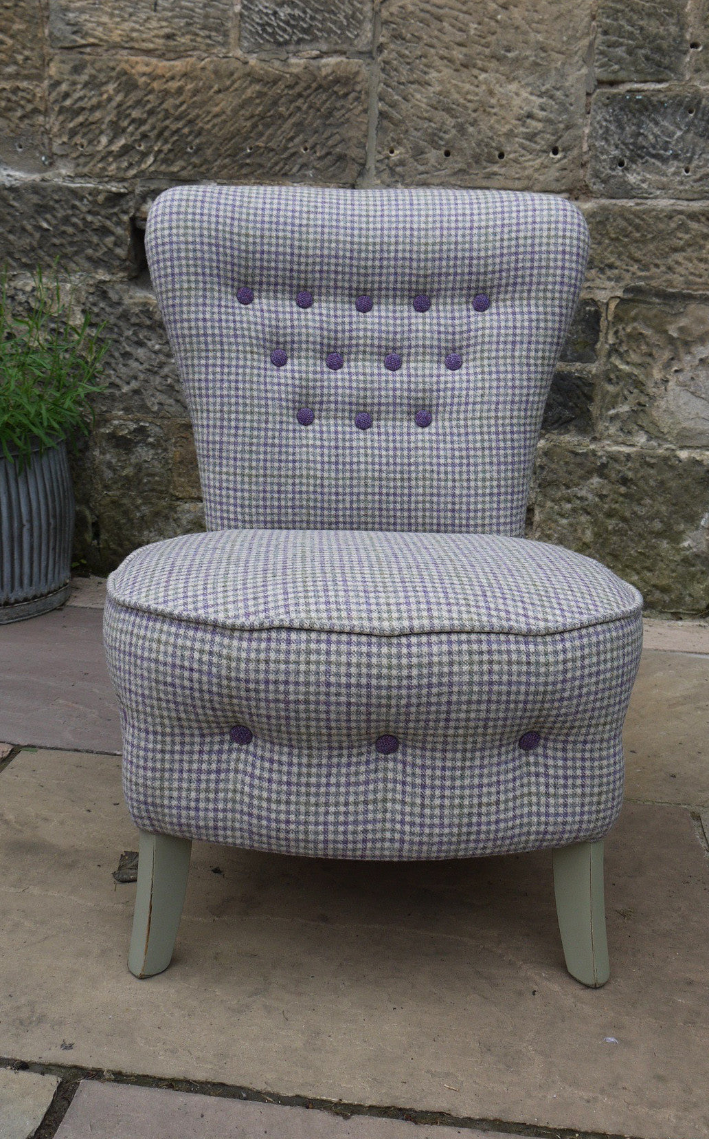 Upholstered vintage button back tub chair in pure wool lavender and sage pure wool fabric