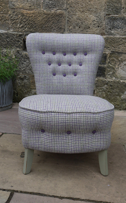 Upholstered vintage button back tub chair in pure wool lavender and sage pure wool fabric