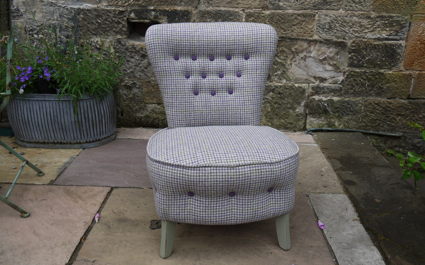 Upholstered vintage button back tub chair in pure wool lavender and sage pure wool fabric