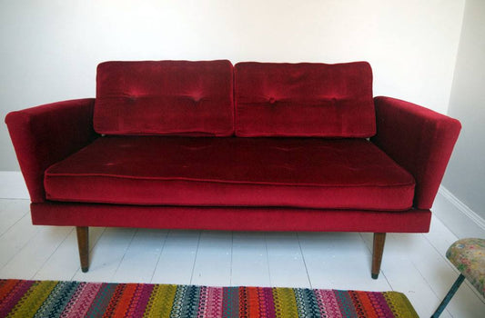 Gorgeous vintage 1950's day bed sofa in its original ruby red velvet