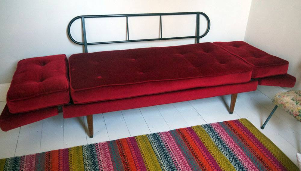 Gorgeous vintage 1950's day bed sofa in its original ruby red velvet