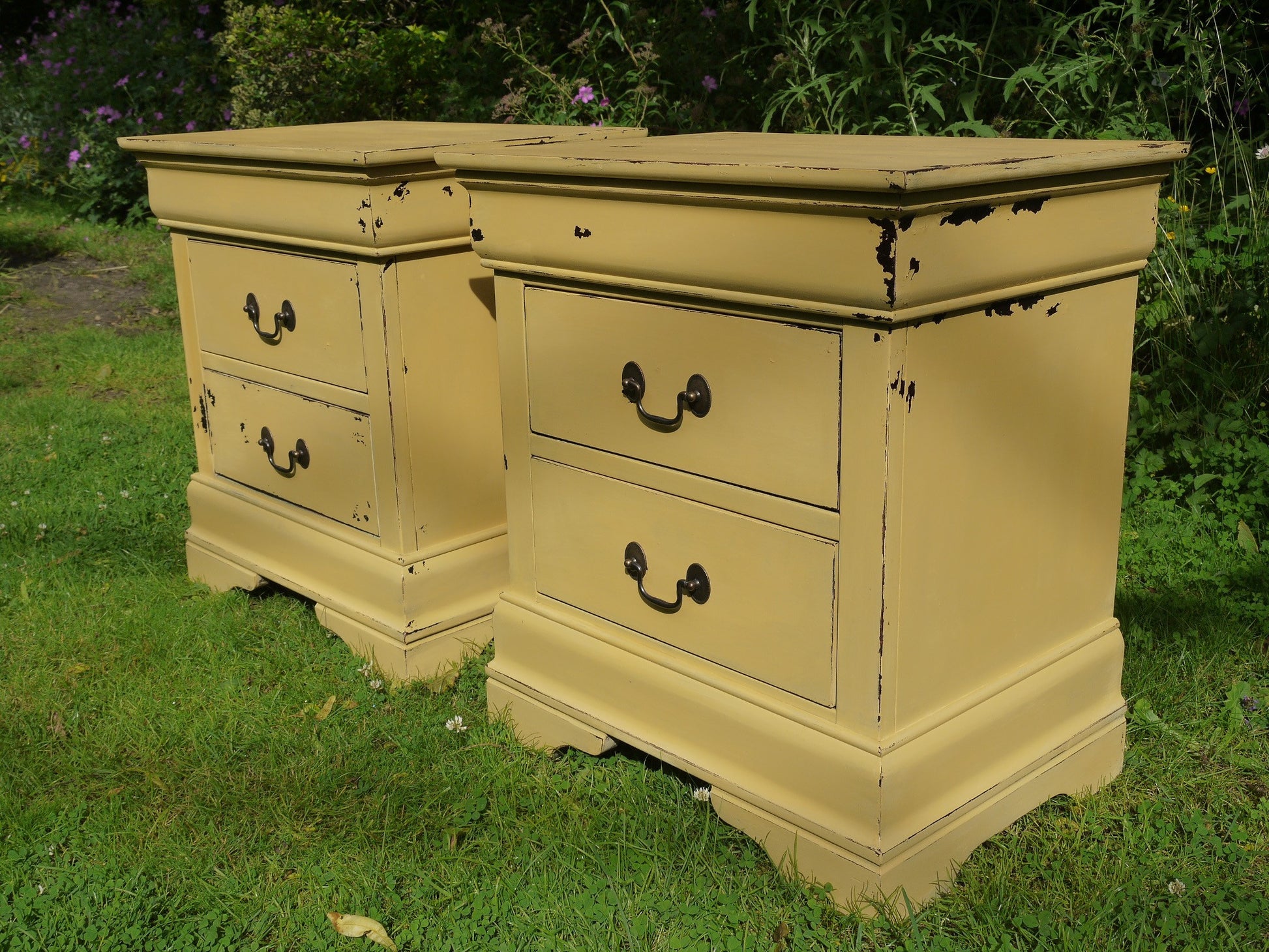 vintage Miss Mustard Seed yellow bedside cabinets by emily rose vintage 