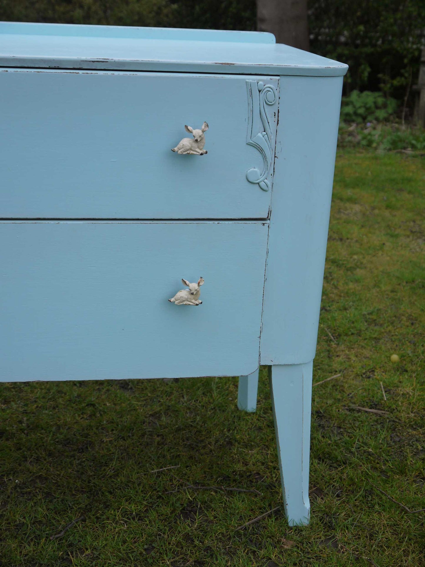 Vintage children's chest of drawers hand panted in Ecos organic paint in baby blue with new fawn handles in cream