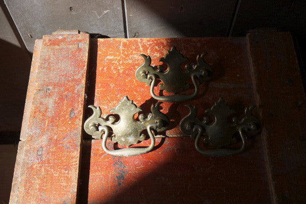Set of 3 vintage ornage brass drawer pulls