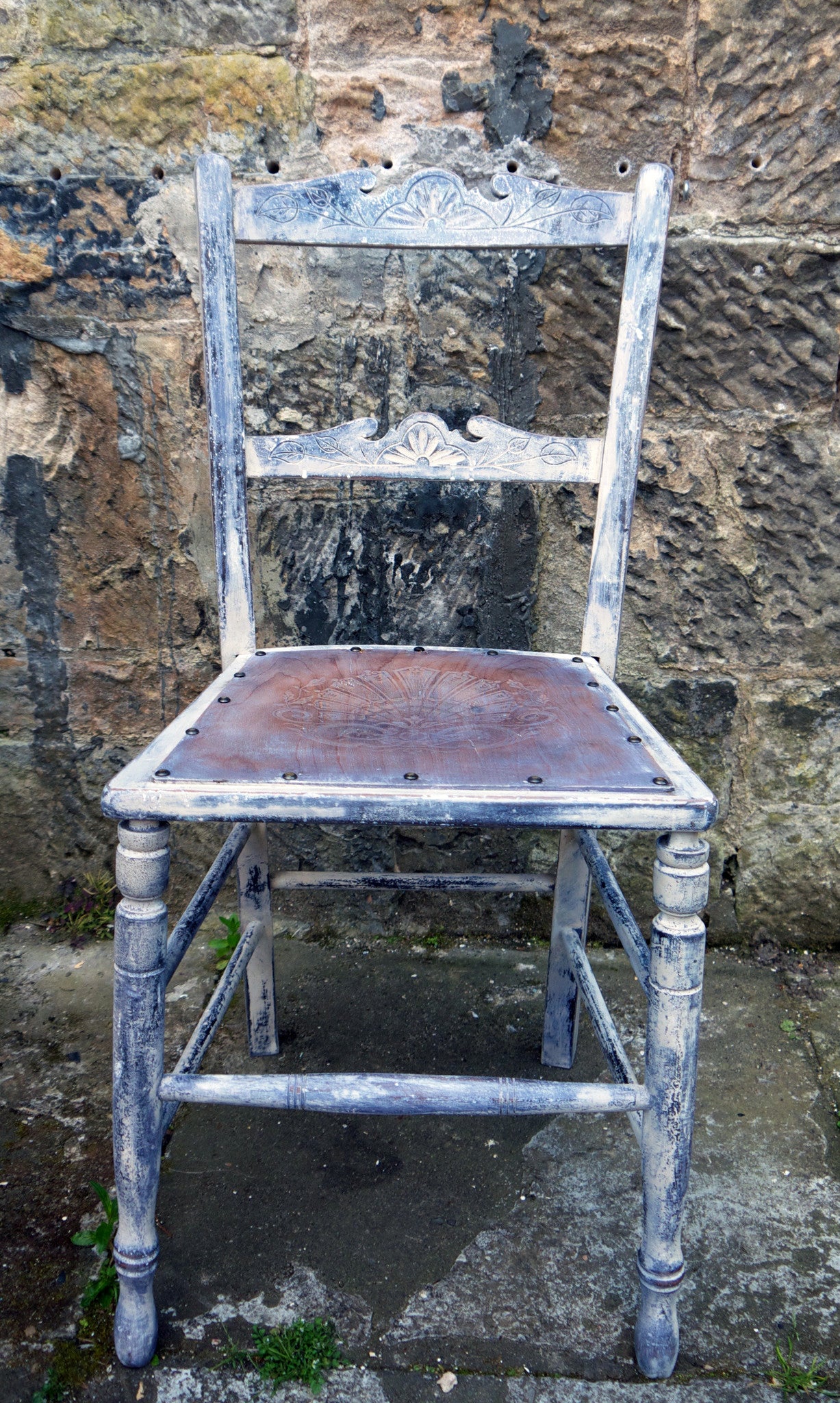 Rustic primitive vintage carved chair refurbished and repainted in layers of chalk paint
