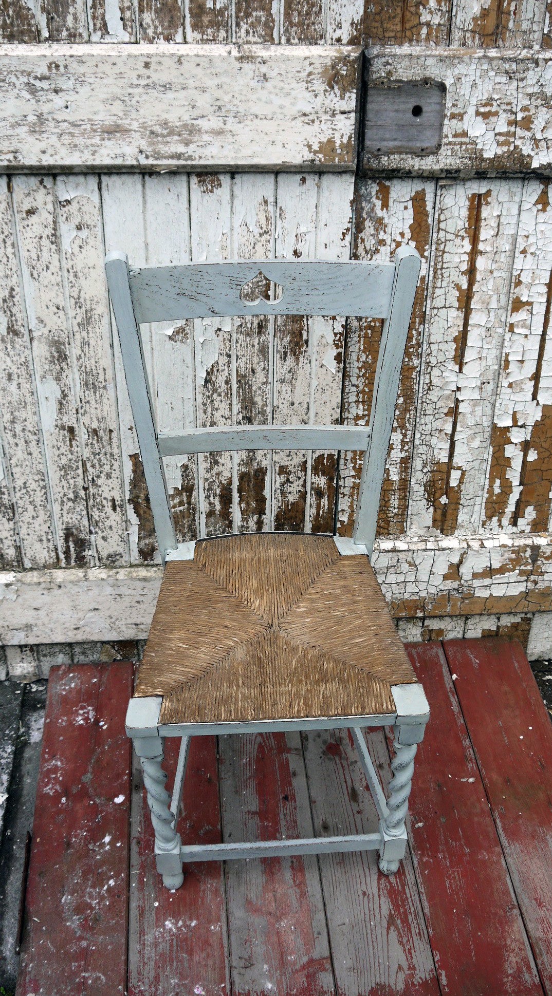 Beautiful Antique vintage carved heart rush seat chair in Miss Mustard Seed Milk Paint
