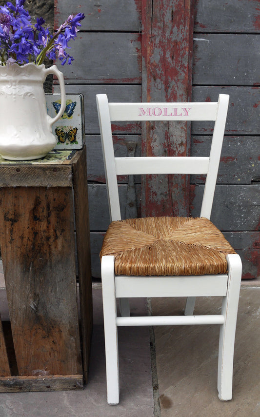 hand painted vintage personalised children's rush seat chair