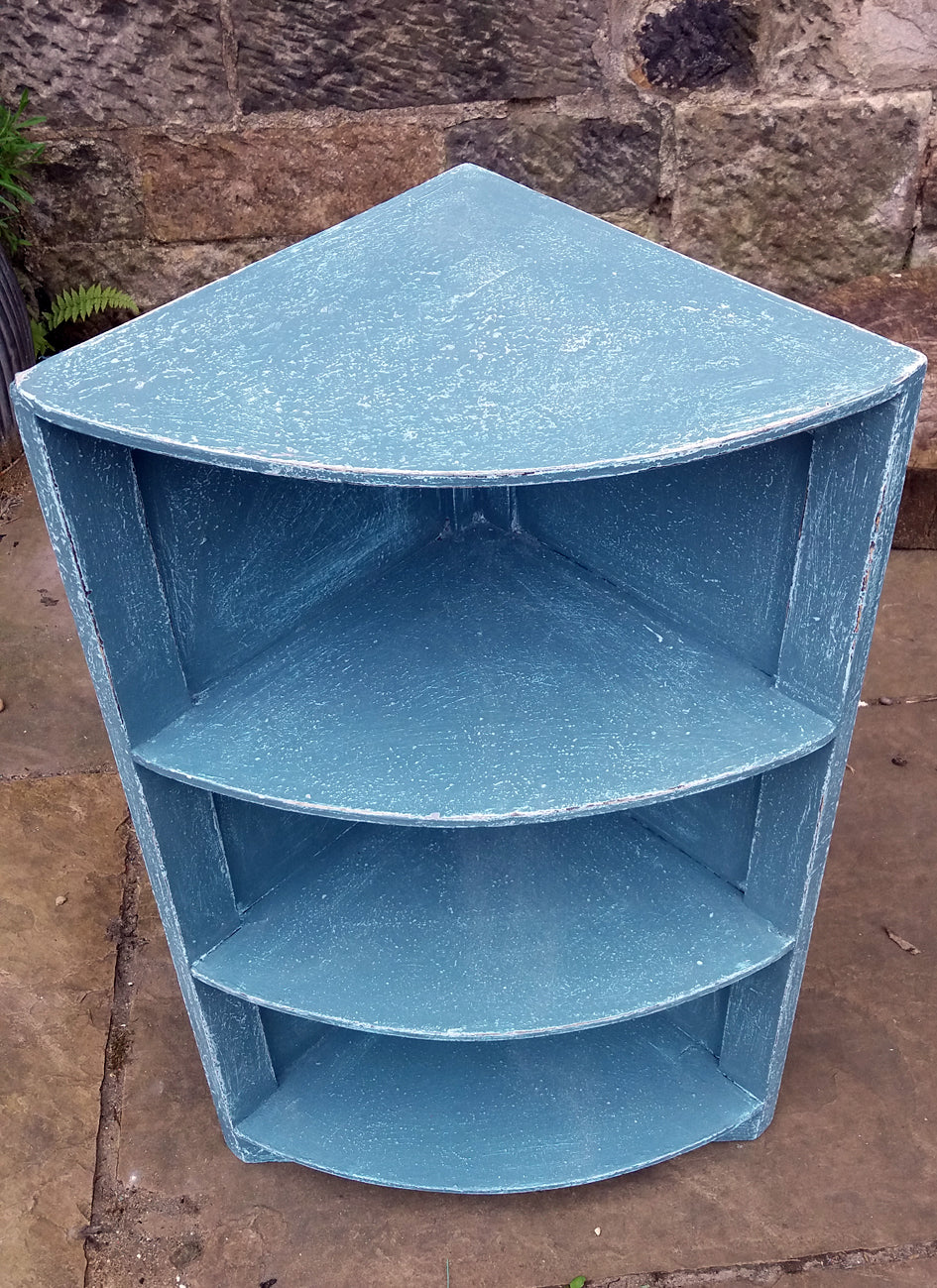 Vintage Corner Shelf Unit in an aged seaworn textured saltwash finish in blue tones