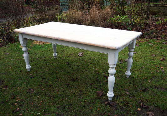 vintage dining table in Miss Mustsrd Seed Mil Paint Marzipan and whitewashed top