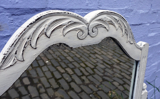 Lovely carved vintage dressing table mirror hand painted in chippy miss mustard seed milk paint Farmhouse White