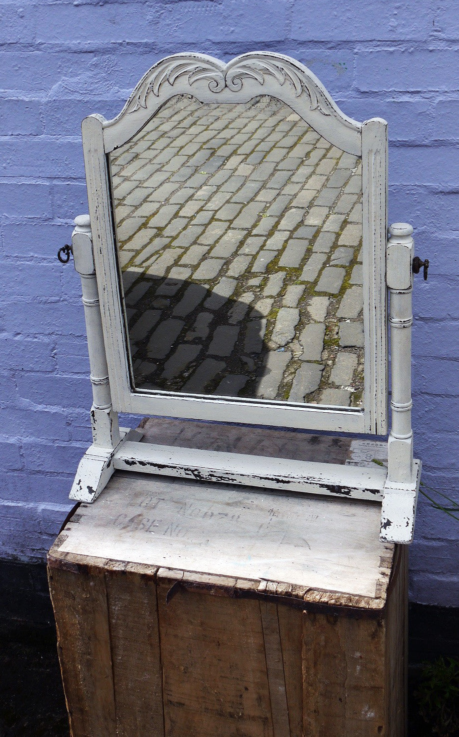 Lovely carved vintage dressing table mirror hand painted in chippy miss mustard seed milk paint Farmhouse White