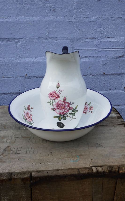 vintage enamel basin and pitcher in  Blue and White with a pretty floral design