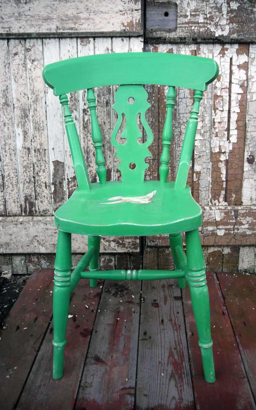 Vintage green painted shabby chic fiddleback chair with white dove decoupage