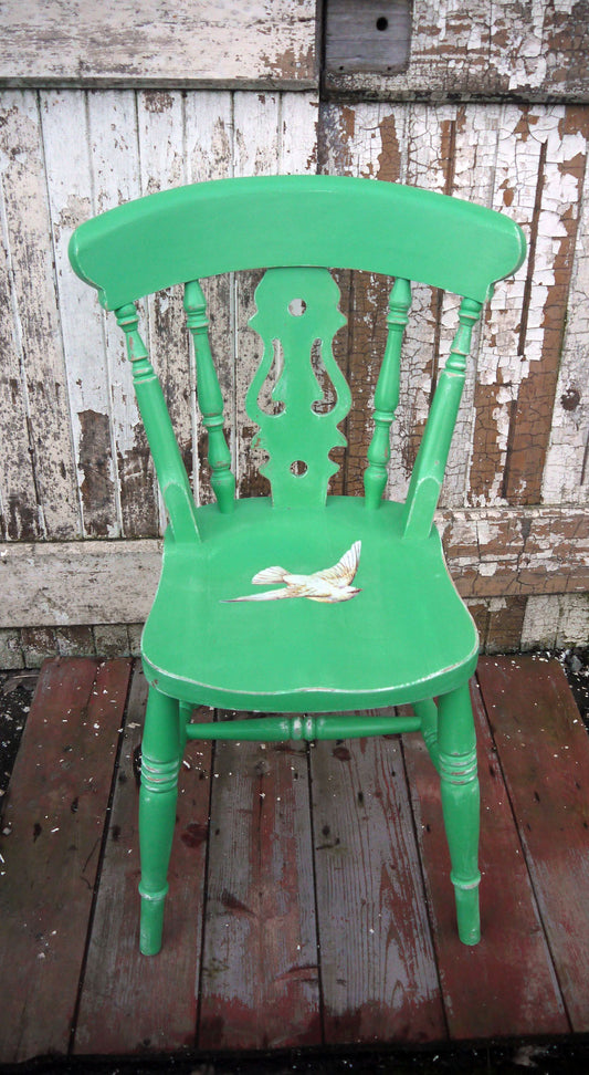 Vintage green painted shabby chic fiddleback chair with white dove decoupage