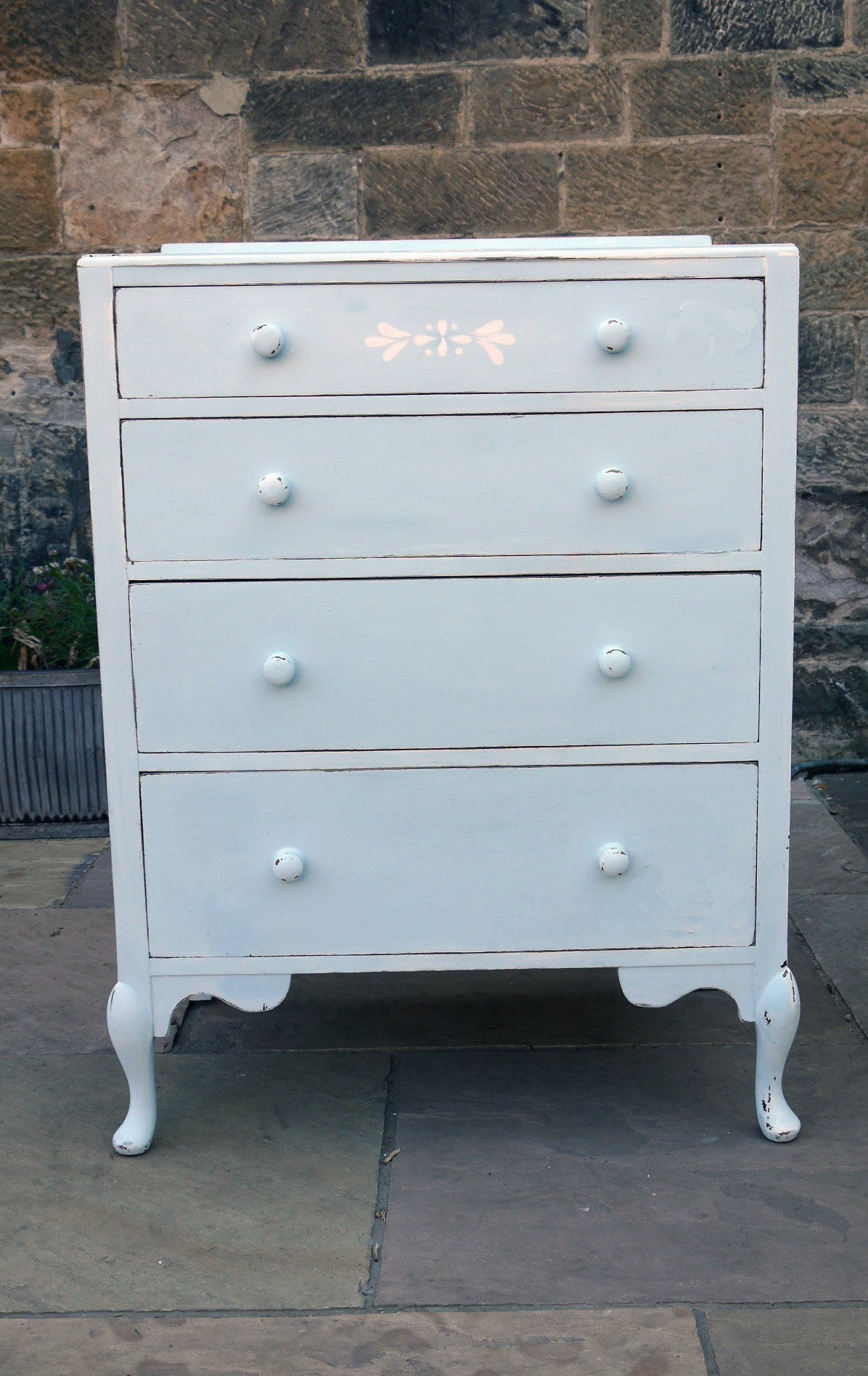 Vintage blue stencilled painted chest of drawers