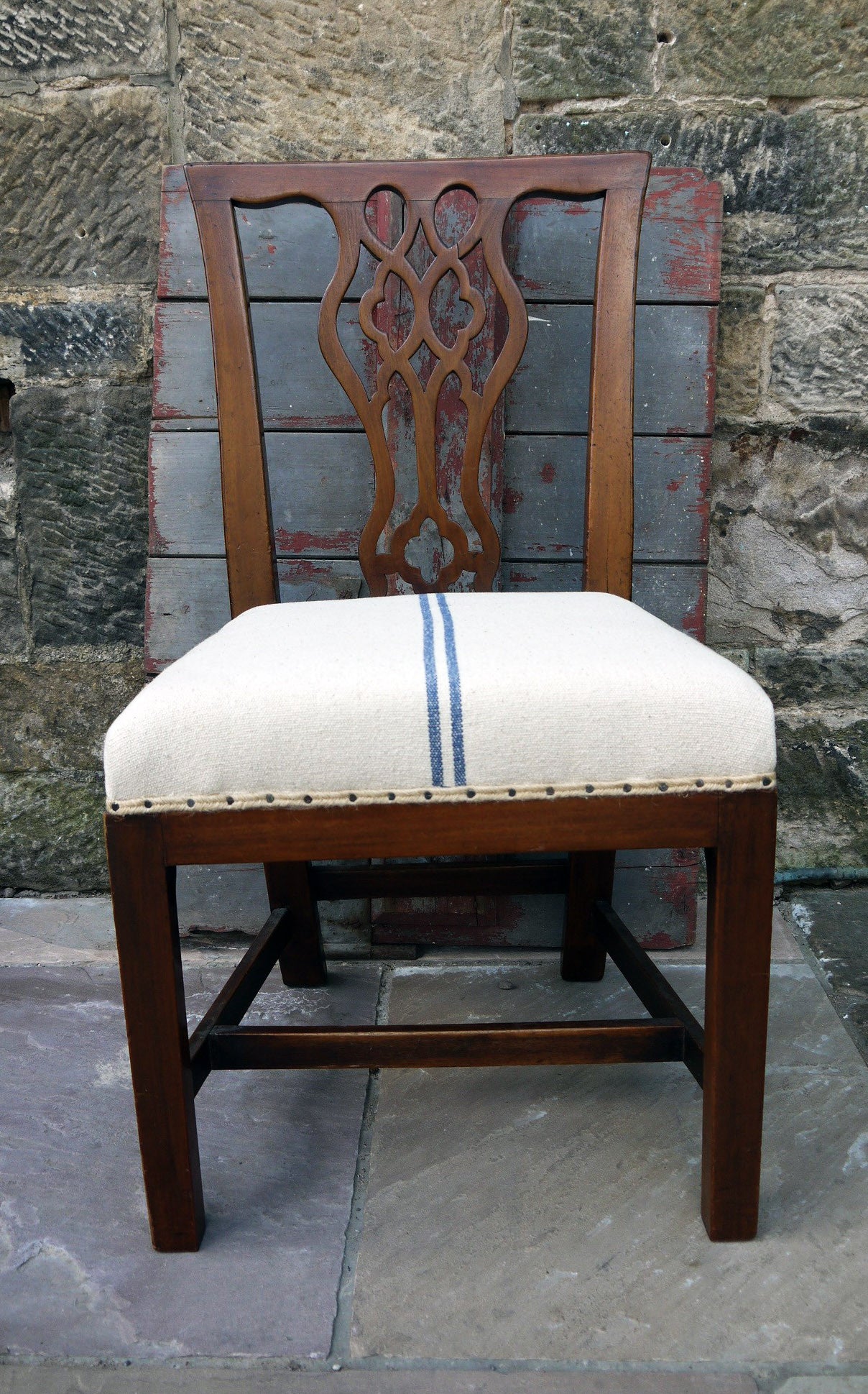 Vintage occasional bedroom chair in grain sack linen upholstery.