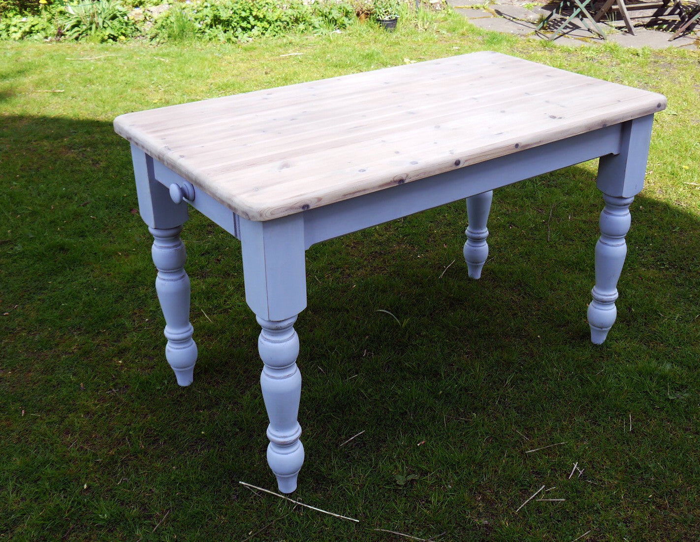 Vintage Pine farmhouse Dining Table with whitewash top and hand painted Louis Blue legs