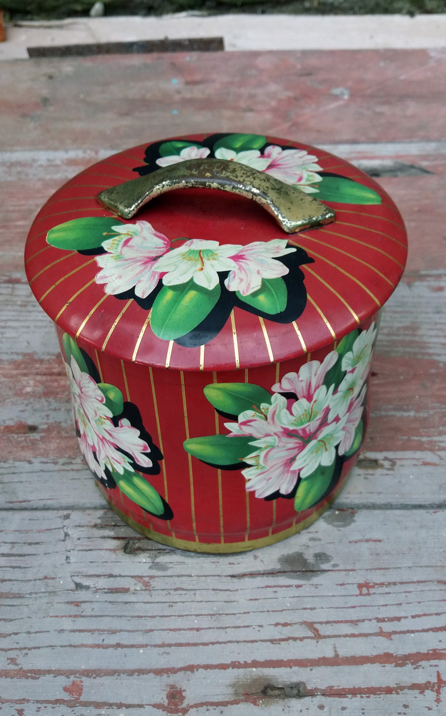 Reserved..... Vintage red floral cookie tin