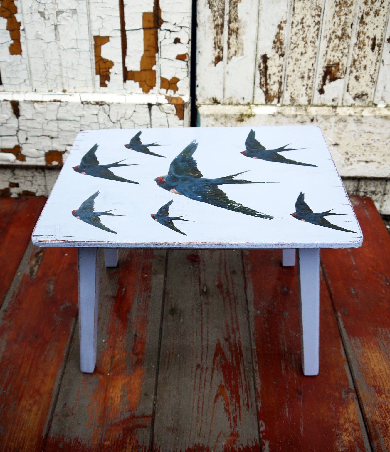 vintage shabby chic side table decoupaged with retro swallow design by emily rose vintage