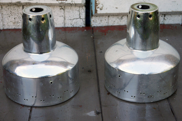 Pair of vintage stainless steel silver pendant metal light fitting lampshades from Emily Rose Vintage Glasgow