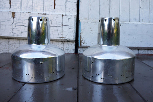 Pair of vintage stainless steel silver pendant metal light fitting lampshades from Emily Rose Vintage Glasgow