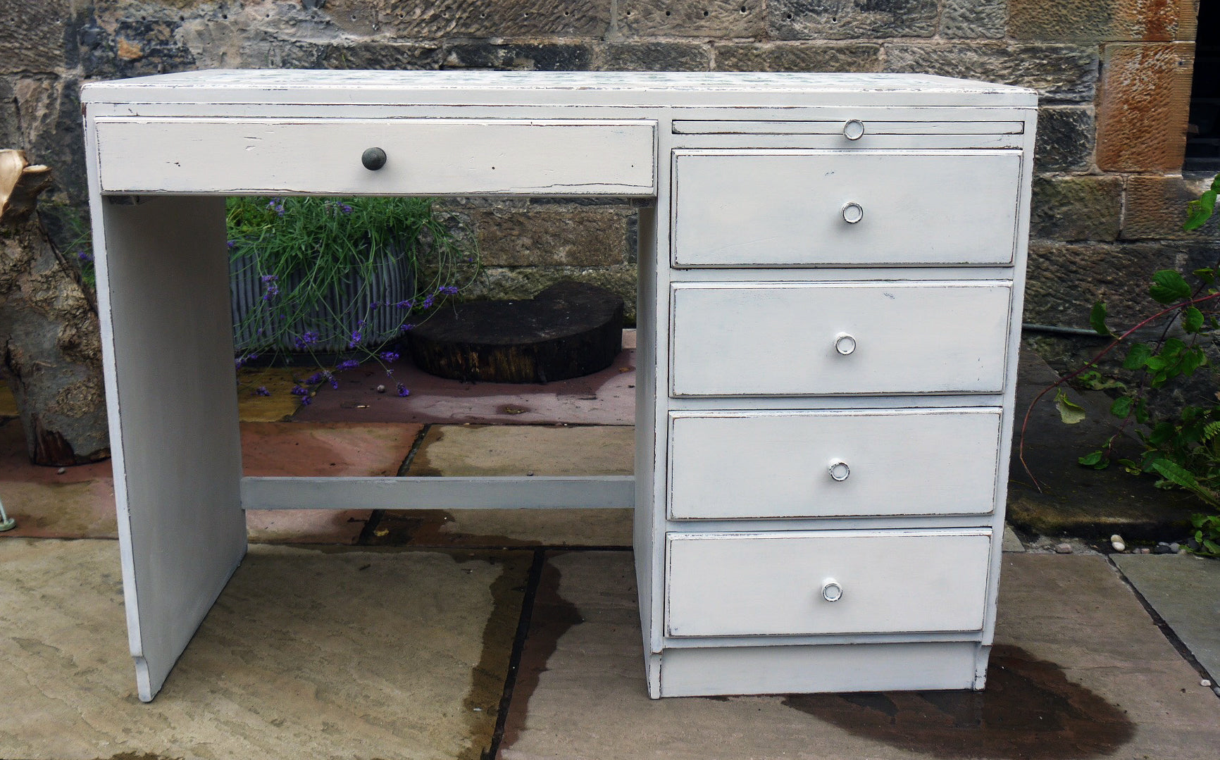 Vintage writing desk painted in chippy miss mustard seed milk paint grain sack grey layered with Bergere and a botanical fern design