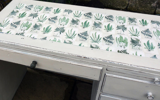 Vintage writing desk painted in chippy miss mustard seed milk paint grain sack grey layered with Bergere and a botanical fern design